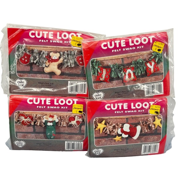 What's New Other - Vintage Cute Loot Felt Swag Kit Lot of 4 Christmas Garland Santa Bear Joy Angel